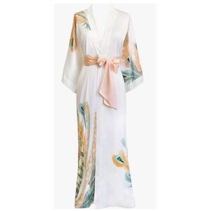 Old Shanghai Kimono Robe White Peacock Feather Print Satin Belted Women's O/S